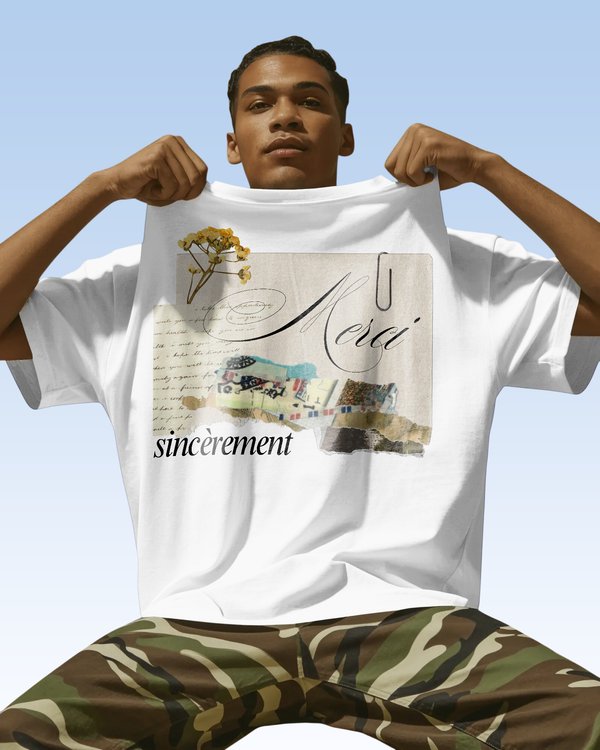 Vintage French Scrapbook Collage Design with Elegant "Merci Sincèrement" Calligraphy, Antique Paper Textures, Dried Yellow Wildflowers, and Retro Ephemera Paperclip Aesthetic