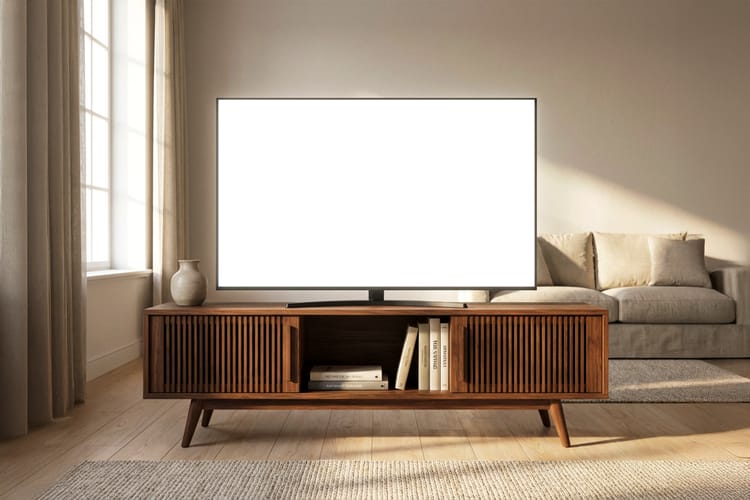 Wooden Table TV Display Mockup Scene